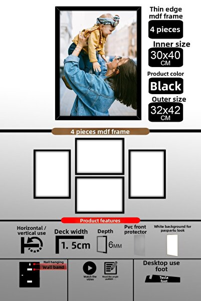 bymat 4 bucăți 30x40 cadru - cadru A3 cu șipci subțiri - cadru negru - 6 mm - rama foto