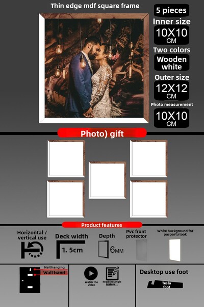 bymat 5Pcs 10X10 Frame - Fine Slatted Frame - 2 Colors White Wood- Square Frame Photo Frame