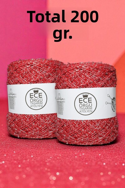 Ece Örgü Tasarım Atölyesi Hand Knitting Rope of Self-Silver Glitter, Red Ital...