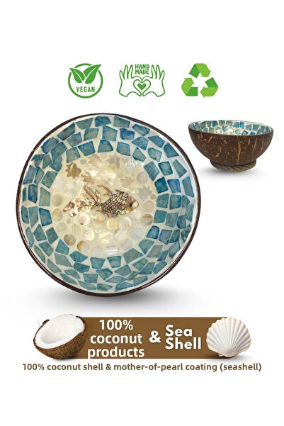 Coconut Products Fish Design Mother of Pearl Finish, Coconut Bowl and Wicker Bowl Base - Snack Bowl