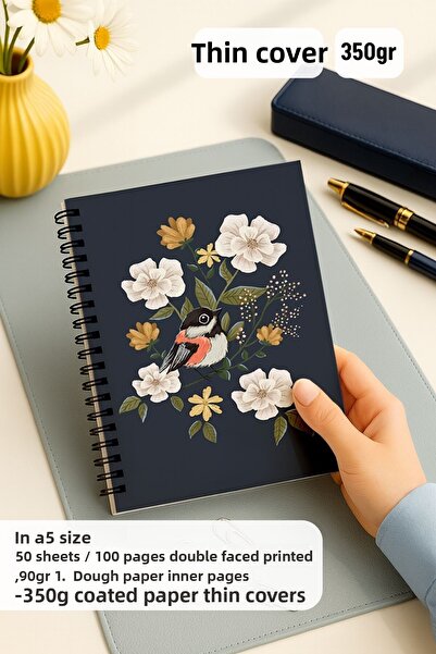 Eldesen Tasarım Set of 2 Dotted Notebooks, A5 Size 50 Sheets 100 Pages Set of 2, Bird