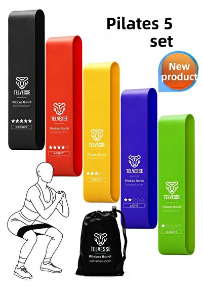 Telvesse 5-компонентен комплект ленти за пилатес с чанта за пренасяне | Затворени ленти за упражнения клякания и аеробика