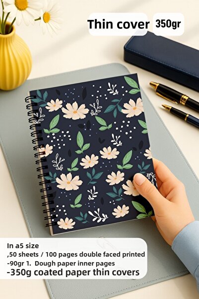 Eldesen Tasarım Set of 2 Dotted Notebooks, A5 Size 50 Sheets 100 Pages Set of 2, Daisy