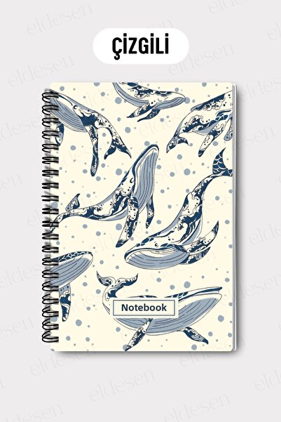 Eldesen Tasarım A5 Spiral Line School Notebook, 50 Sheets 100 Pages, Cardboard Cover Notepad, Whales