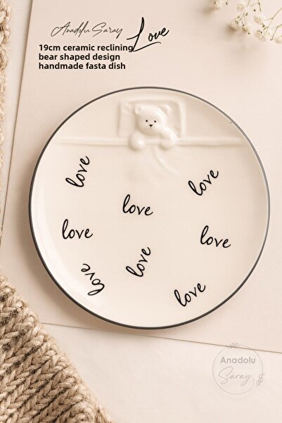 Anadolu Saray 1 Piece Love Themed Ceramic Lying Bear Shaped Design Handmade Cake Plate Dessert Breakfast Cake Plate