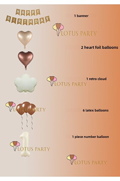 LOTUS PARTY Σετ γενεθλίων Retro Cloud Cream Retro Cloud - Καφέ Καρδιά Καφέ Μπαλόνι Kraft Happy 5 Years Old