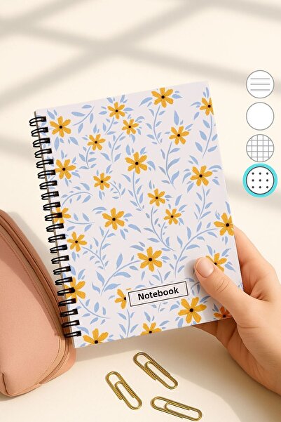 Eldesen Tasarım A5 Spiral Dotted School Notebook, 50 Sheets 100 Pages, Cardboard Cover Notepad, Daisy