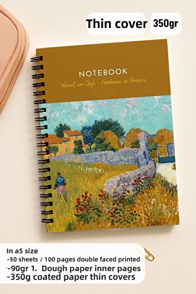 Eldesen Tasarım Van Gogh A5 Spiral Unlined School Notebook, 50 Sheets 100 Pages, Cardboard Cover Notepad, Farm