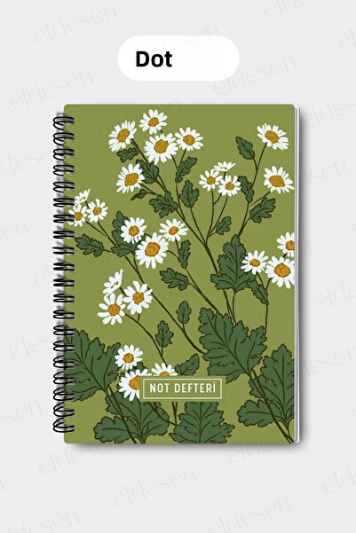 Eldesen Tasarım A5 Spiral Dotted School Notebook, 50 Sheets 100 Pages, Cardboard Cover Notepad, Green Daisy