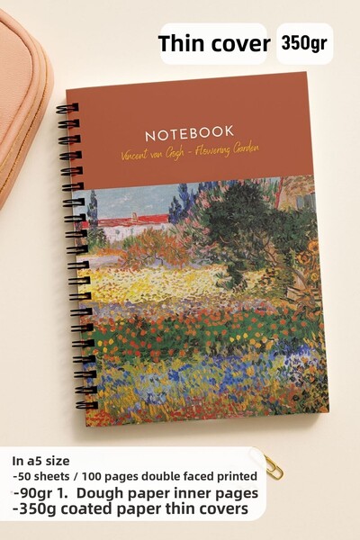 Eldesen Tasarım Van Gogh A5 Spiral Checkered School Notebook, 50 Sheets 100 Pages, Cardboard Cover Notepad, Garden