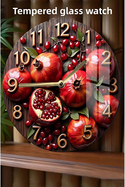 kutuTR 3D Glass Clock - Colored Pomegranate Patterned 3D Look Tempered Glass Wall Clock - 33 cm Csdw345