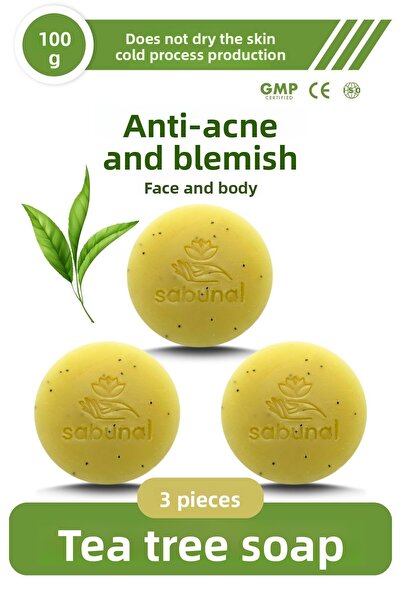 sabunal صابون شجرة الشاي 3 قطع - صابون طبيعي مضاد لحب الشباب والعيوب ومرن للبشرة