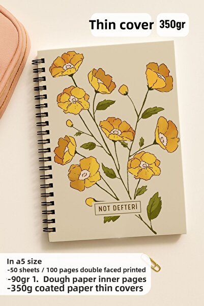 Eldesen Tasarım A5 Spiral Dotted School Notebook, 50 Sheets 100 Pages, Cardboard Cover Notepad, Orange Flower