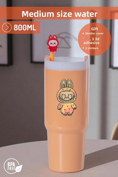 Nandy Home Labubulu Themed Medium Size Colorful Water Bottle, 800ml. – Pipette Cover, 3D Adhesive and Label Gift