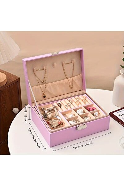 Arzu Güzel Cosmetics Pink Pu Leather Covering Double Layer with Lock Multi-Purpose Makeup Jewelry Organizer Organizer Jewelry Box