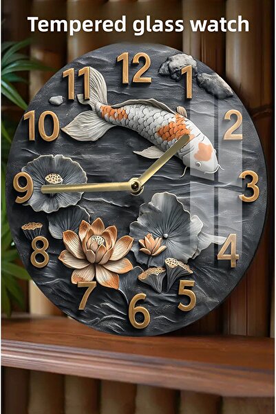 kutuTR 3D Look Tempered Glass Watch with Koi Fish and Water Lily Flower – 33 cm Csdw047