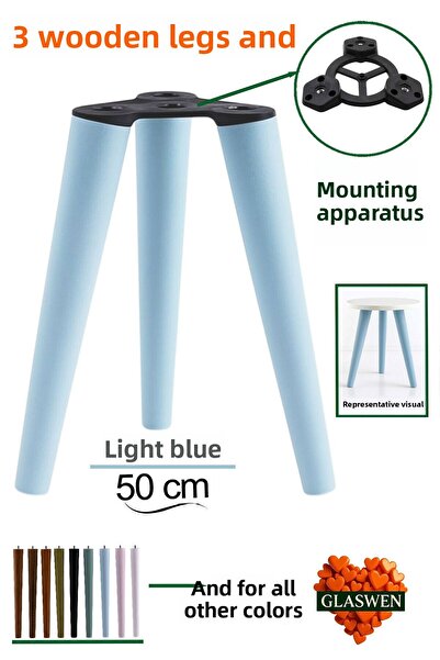 GLASWEN 3 bucăți picioare din lemn 50 cm albastru deschis cu șuruburi M8 accesorii de conectare mobilă scaun măsuță de cafea picior de susținere pentru masă