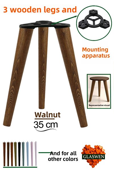GLASWEN 3 bucăți picioare din lemn 35 cm nuc cu șuruburi M8 cu accesorii de conectare pentru mobilă scaun măsuță de cafea picior de susținere pentru masă