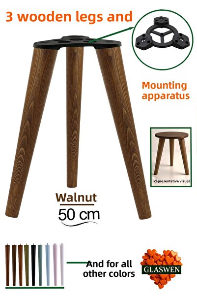 GLASWEN 3 bucăți picioare din lemn 50 cm nuc cu șuruburi M8 cu accesorii de conectare pentru mobilă scaun măsuță de cafea picior suport pentru masă
