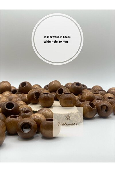 Fiolimore خرز خشبي مكرامية بني حليبي 24 ملم (50 جرام 14 قطعة) قطر الفتحة العر...
