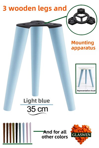 GLASWEN 3 bucăți picioare din lemn 35 cm albastru deschis cu dispozitive de fixare cu șuruburi M8 pentru mobilă scaun măsuță de cafea picior de masă