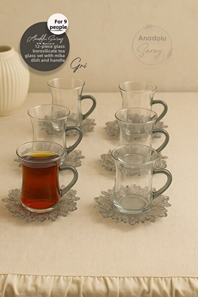 Anadolu Saray 12 Piece Gray Mica Plate Handled Glass Borosilicate Tea Cup Set