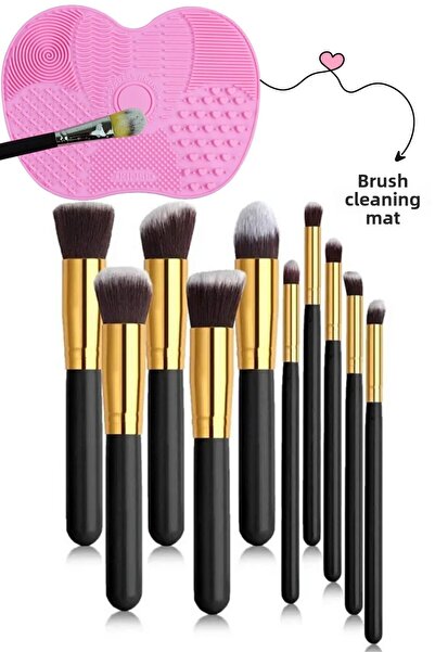 HİROS'H Professional Black Handle 10Pcs Makeup Brushes Set and Makeup Brush C...