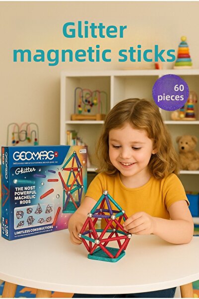 GEOMAG 60 Pieces Glitter Magnetic Sticks |   3D Glitter Building Block Set | ...