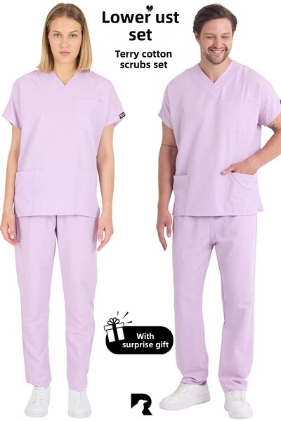 KARGA ÜNİFORMA بدلة تيري قطنية أرجوانية للجنسين بأكمام الخفاش، بدلة ممرضة وطبيب