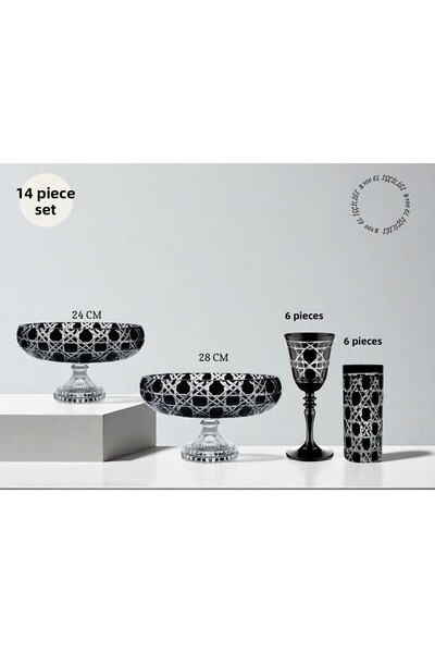Akden Kristal Crystal Cutting Decor Hand Made 14 Pcs Bowl & Cup Set