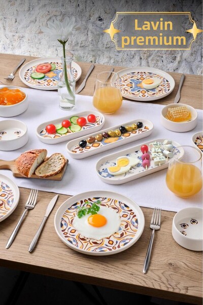 YzHome 14 Piece Porcelain Breakfast Set for 6 People Breakfast Presentation Set Plate Plate