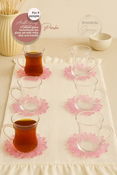 Anadolu Saray 12 Piece Pink Mica Plate Handled Borosilicate Glass Tea Cup Set