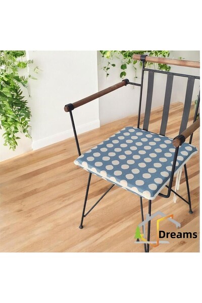 DÜŞLER EV TEKSTİLİ 40X40 Cream Polka Dot Blue Water and Stain Repellent Zippered Lace Cream Piping Chair Cushion 4 cm