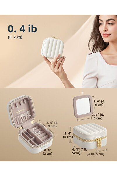 gaman Geantă compactă pentru bijuterii, cu fermoar, cu oglindă, cu mai multe compartimente, cu cusături albe