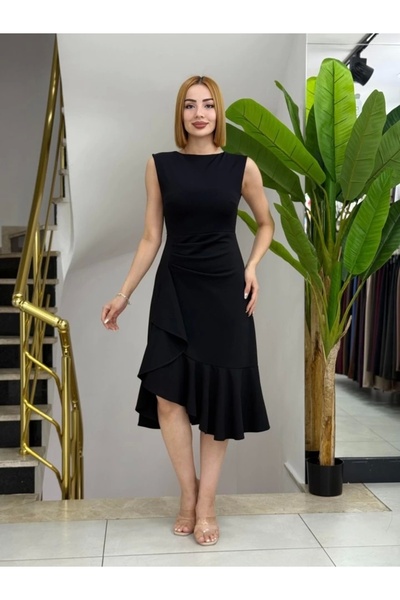 Silerra Women's Zero Sleeve Waist Gathered Skirt Flounced Asymmetrical Cut Midi Janjan Crepe Dress