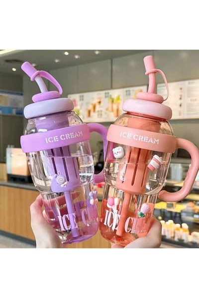btm home Ice Cream Designed Water Bottle with Straw – 1.3 Liter Large Volume, Transparent Color Flask, Leak-Proof Lid