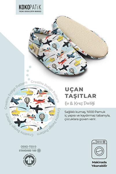Kokopatik ,kaydırmaz Taban,organik Pamuklu Ev Kreş Patiği,uçan Taşıtlar Desenli Patik