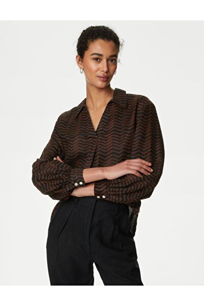 Marks & Spencer Uzun Kollu Saf Keten Popover Bluz