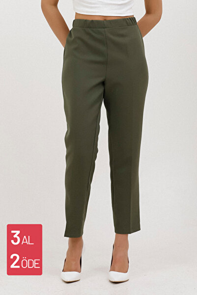 Mogi Butik Women's Plus Size Carrot Leg Lycra Woven Trousers 3044 Khaki
