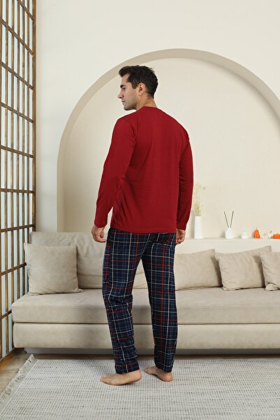 KAPİTEX Yeni Sezon Uzun Kollu Yakası Patlı Üç Düğmeli Pantolonu Cepli Bordo Renk Ekose Erkek Pijama Takımı