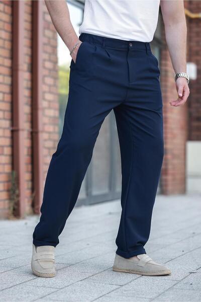 Madmext Navy Blue Relaxed Fit Men's Fabric Trousers E6577