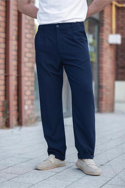 Madmext Navy Blue Relaxed Fit Men's Fabric Trousers E6577