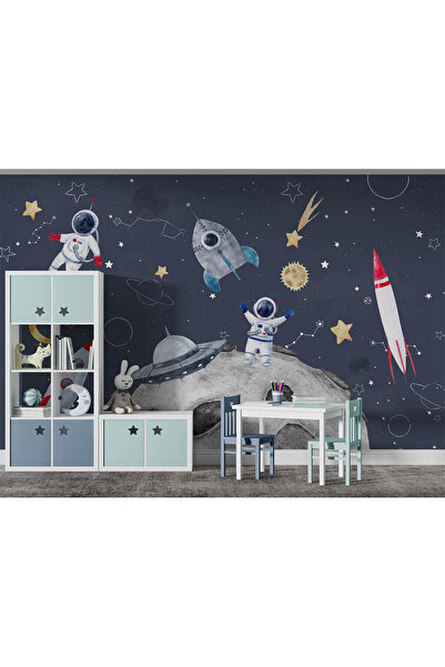 Özel Duvarlar Suluboya Tarz Astronotlar ve Gezegenler Çocuk odası duvar kağıdı