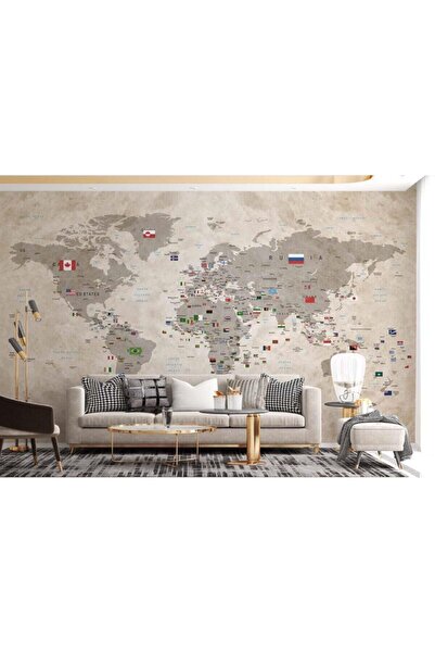 Özen Duvar Kağıtları Krem Bej Tonlarında Dünya Haritası Ülke Bayrakları Duvar...
