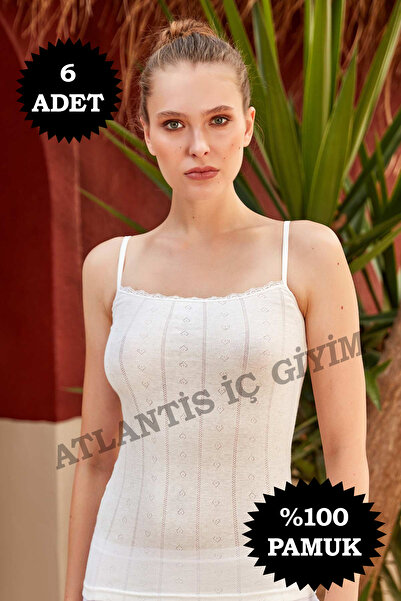 Berrak Heart Patterned Lace Thin Strap 100% Cotton Tank Top 6 Pieces