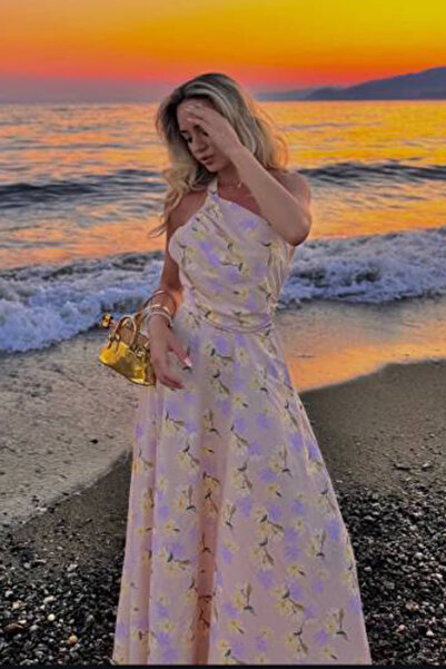 Madmext Lila Önü Büzgülü Çiçekli Uzun Elbise MG2363