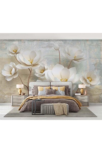 Özen Duvar Kağıtları 3 Boyutlu Beyaz Büyük Çiçekler Duvar Kağıdı