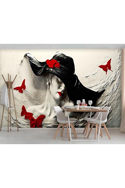 Özen Duvar Kağıtları 3d Boyutlu Şapkalı Kadın Kabartma Efektli Duvar Kağıdı