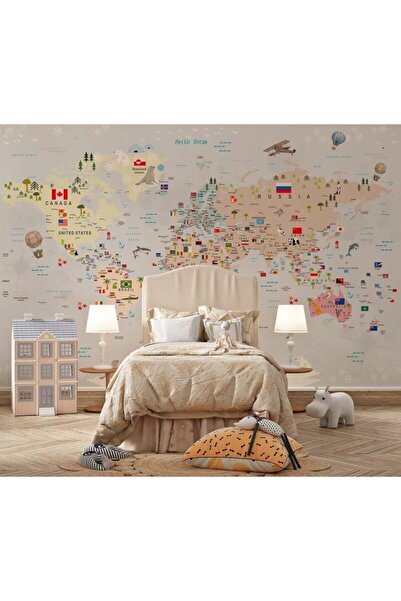 Genel Markalar Renkli Kıtalar Ülke Isimleri Yazılı Çocuk Odası Dünya Haritası...