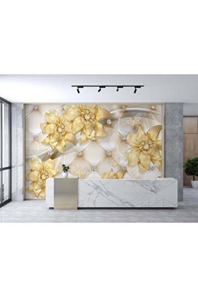 Özen Duvar Kağıtları 3 Boyutlu Gold Çiçekler Tv - Ünite Duvar Kağıdı